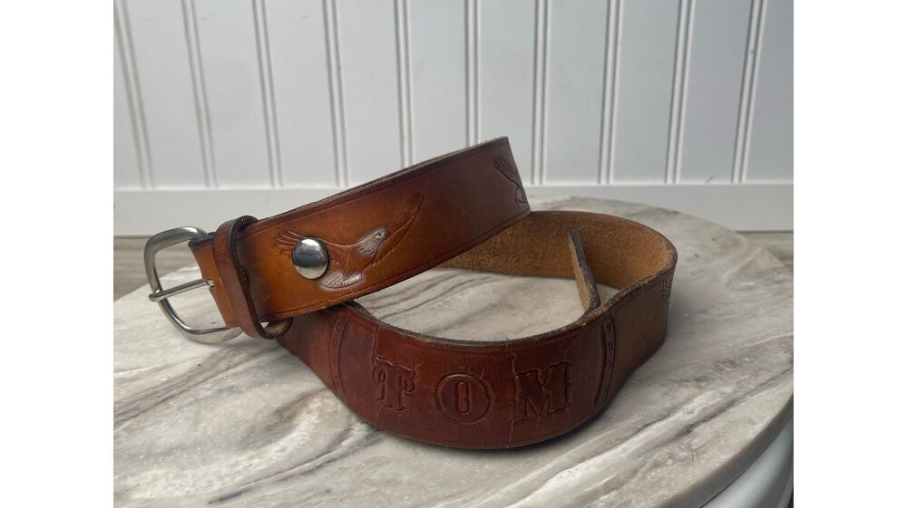 Belt Size 38-42 Leather Hand Tooled TOM Name  Wildlife Pheasant Eagle Brown VTG